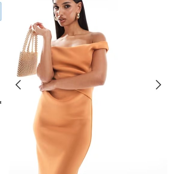 ASOS DESIGN structured bardot pencil midi dress in apricot size m - Picture 1 of 4
